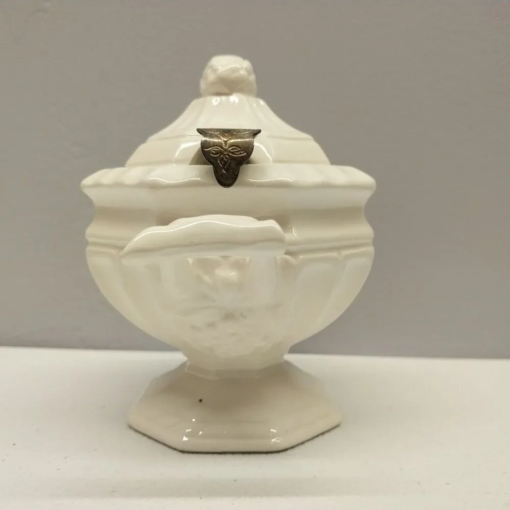 Vintage Ivory Ceramic Covered Sugar Bowl Grape Pedestal w/ Original Metal Spoon
